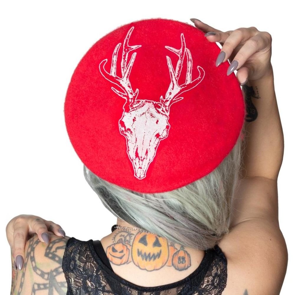 Deer Skull Red Beret Gothic Fashion